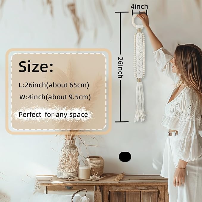 Boho Wall Decor Macrame Beige Wall Hanging with Wood Bead Tassel Western Farmhouse Rustic Cozy Art for Living Room Bedroom Dinning Room Hallway Entryway Door Shelf Dorm (Beige)