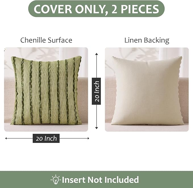 ANRODUO Boho Woven Chenille Pillow Covers 20x20 Inch Set of 2 Soft Textured Decorative Cushion Case with Striped Farmhouse Accent Neutral Pillowcase for Couch Sofa Bed Living Room Decor, Olive Stripe
