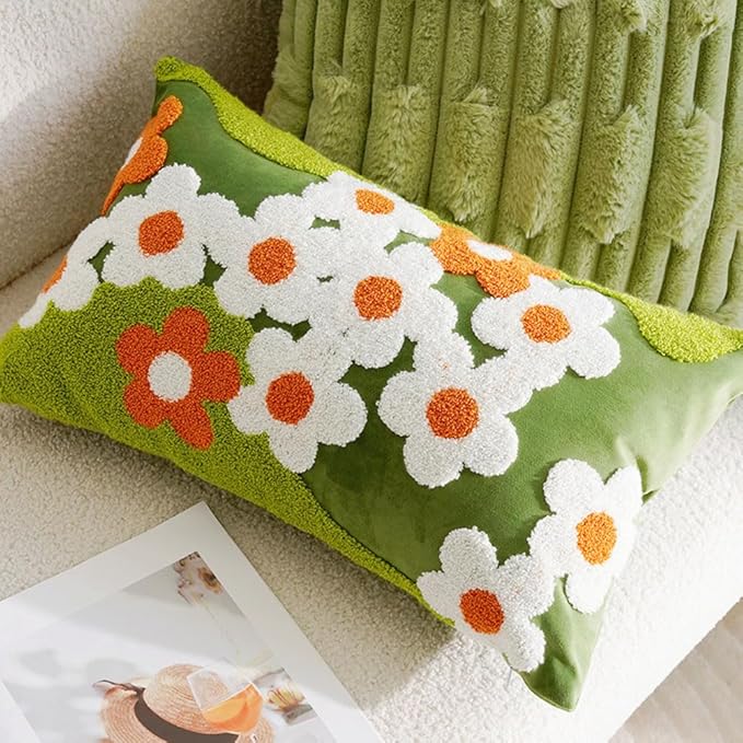 vctops Spring Floral Tufted Decorative Throw Pillow Covers Cute Flower Lumbar Pillow Cases Soft Velvet Couch Cushion Cover for Chair Sofa Bedroom Living Room Home Decor (Green,12"x20")