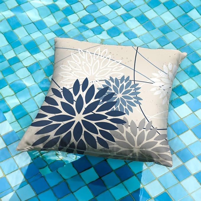 Blue and Gray Floral Pillow Covers 16x16 Set of 2 Outdoor Waterproof White Colored Decorative Throw Pillows Summer Pillowcase Polyester Cushion Case Decor for Couch Patio Funiture Garden Porch 01B16