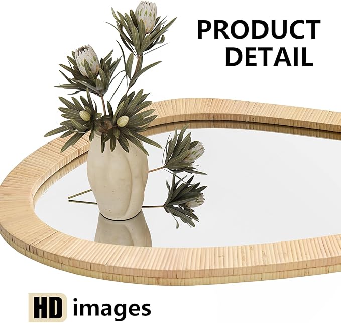 Rattan Mirror for Wall,31.5'' x 25.2" Wooden Framed Farmhouse Boho Wicker Coastal Irregular Vanity Mirror for Bathroom Living Room Entryway