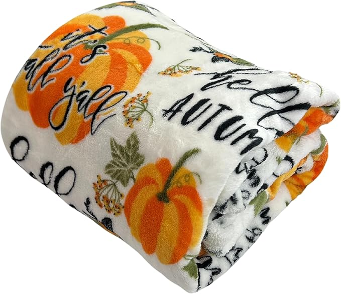 Fall Throw Blanket: Colorful Autumn Harvest Time Saying and Pumpkin Print on Soft White Velvet Fleece for Sofa Bed Couch Chair or Dorm