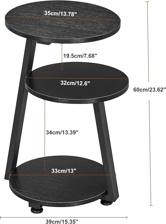 BEWISHOME Round End Table Side Table with Metal Frame, Accent Table Nightstand Bedside Table with 3-Tier Shelves, Small Couch Table for Living Room Bedroom Black KTZ41B