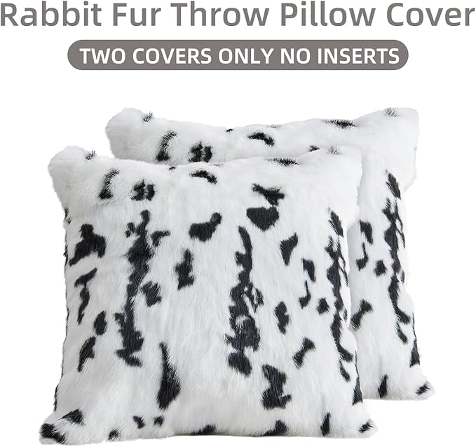 MOOX Rabbit Fur Throw Pillow Covers Decorative Fluffy Soft Fuzzy Plush Luxury Genuine Animal Skin Lumbar Pillow 18"x18" Cushion Cover, Cow Print