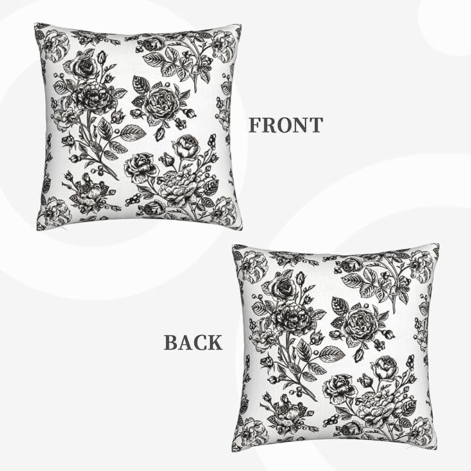 Black Floral Throw Pillow Covers 18x18 Inch Vintage Flower Black White Decorative Pillow Covers Set of 2 Farmhouse Pillowcases Square Cushion Covers for Couch Bed Sofa Chair Car Decor