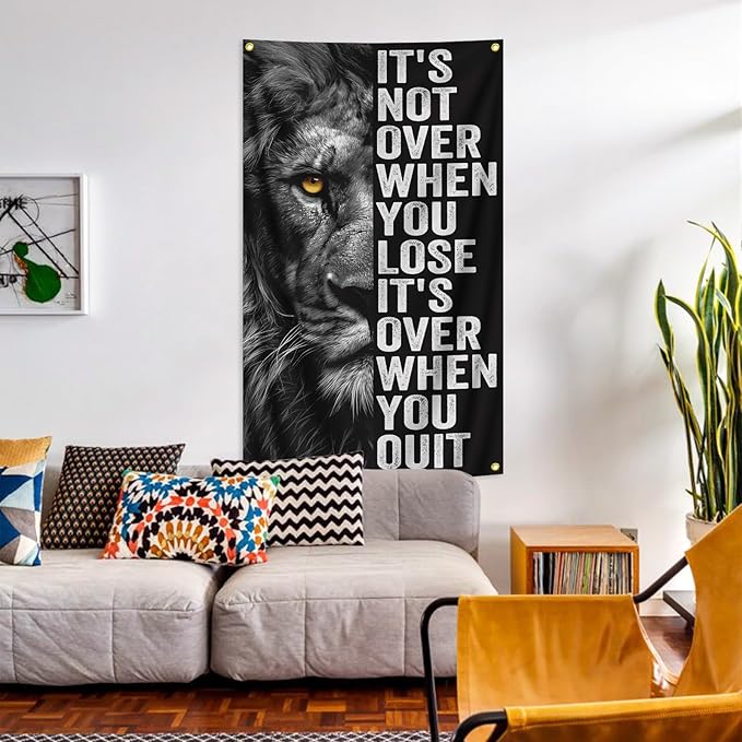 Inspirational Lion Tapestry 3x5FT, Positive Energy Aesthetic Wall Art for Office, Bedroom, Living Room, Study Room, Children's Room Decor, Motivational Quote Poster Wall Hanging