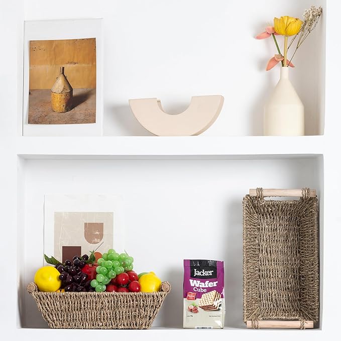 Small Wicker Baskets,small baskets for organizing,wicker storage Basket,small woven basket Seagrass Storage Baskets,Rattan Basket for Shelves Toilet Paper Basket with Handle,4 Pack