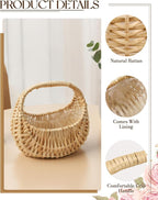 4 PCS Rattan Half Moon Wicker Basket, Small Wicker Woven Basket with Handle, Woven Wedding Flower Girl Baskets, Picnic Basket, for Home Wedding Decor, Photo Props, Camping