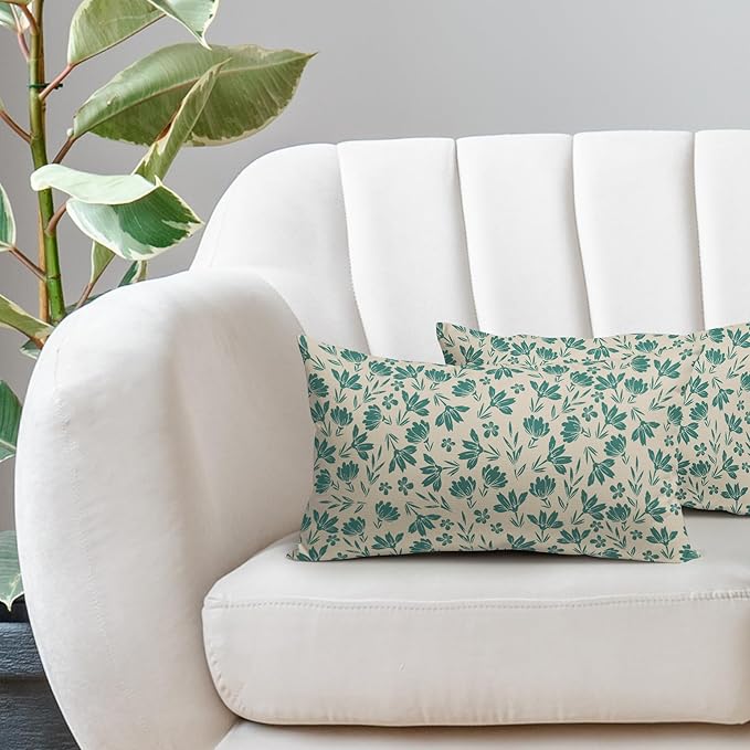Aqua Floral Pillow Covers 12x20 Set of 2 Vintage Rustic Old Style Cute Small Flower Teal Cream Print Decorative Outdoor Pillowcases Farmhouse Throw Cushion Case Decor for Couch Sofa Bed