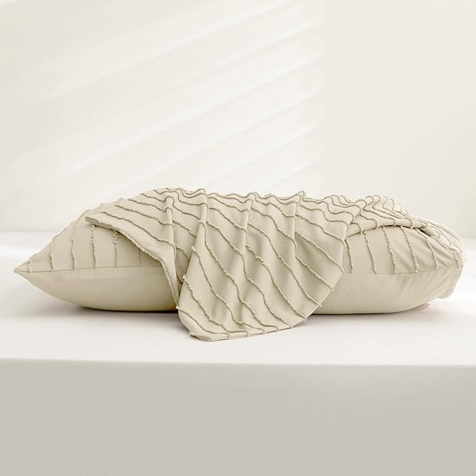 JELLYMONI Pillowcases King Size Light Sand 2 Pack Boho Striped Bed Pillow Covers 20x36in Polyester Envelope Pillow Shams Tufted Bohemian Textured (Pillows are not Included)