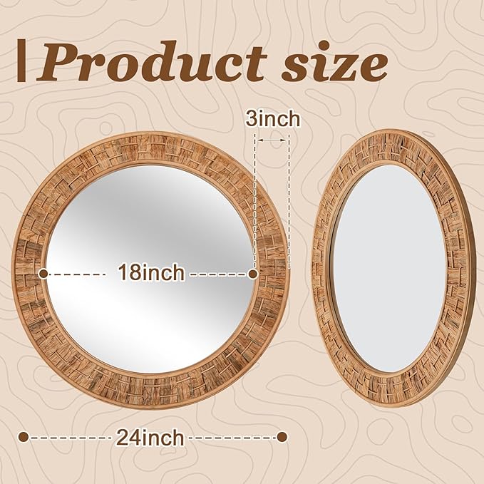 24 Inch Round Rattan Wicker Mirror, Rustic Boho & Farmhouse Style Handmade Woven Frame, Decorative Wall Mirror for Bathroom, Living Room, Bedroom, Entryway, Nursery Decor