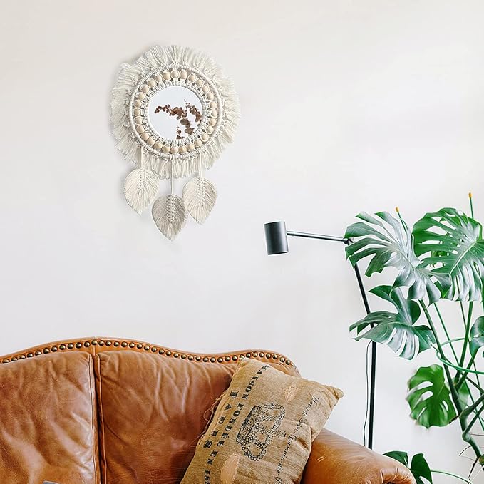 Artilady Macrame Hanging Wall Mirror - Boho Fringe Round Handmade Decorative Acrylic Mirror for Apartment Living Room Bedroom Baby Nursery Home Decor (Leaf)