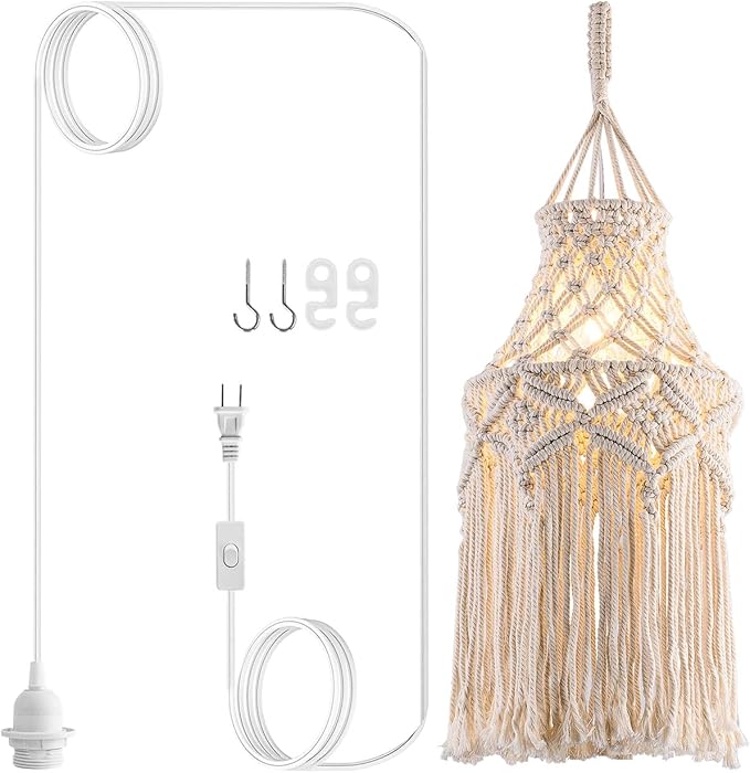Boho Plug in Pendant Light Macrame Lamp Shade, Hanging Lamp with Plug in Cord,On/Off Switch,Bohemian Hanging Light Fixtures That Plug Into Wall Outlet for Bedroom Decor Living Room