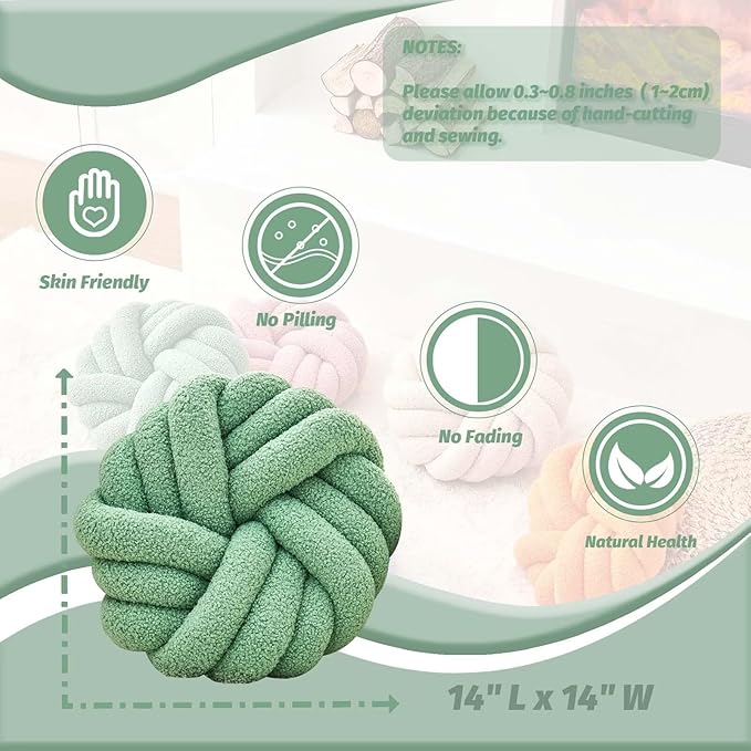 Uvvyui Knot Pillows, 14 Inch Decorative Throw Pillows Round Pillows Cushion, Soft Handmade Knotted Ball Pillow Plush Cushion Home Decor for Bed Couch Living Room (Sage Green, 14 Inch)