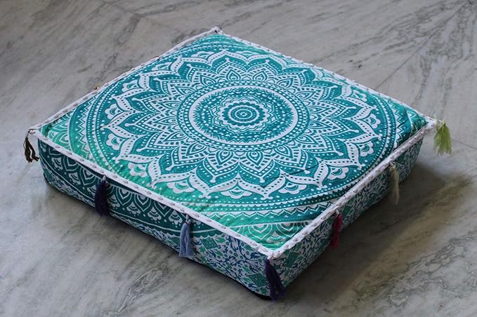 ICC Large Square Cotton Mandala Cushion Cover Hippie Ottoman Pouf Cover Daybed Floor Pillow Cover with Heavy Duty Zipper Seating Ottoman Poufs Dog-Pets Bed (Green Ombre, 18" Square)