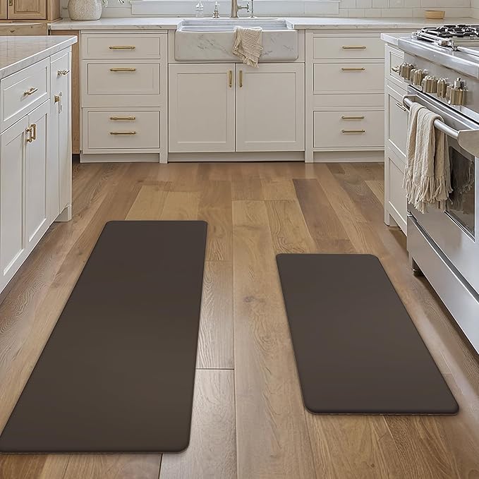 GENIMO Kitchen Mats for Floor 2PCs, Washable Anti Fatigue Mat for Cushioned, 17.3"x47"+17.3"x30", Waterproof Kitchen Rugs, Non Slip Comfort Standing Mat Rug for Home, Sink, Laundry, Chocolate