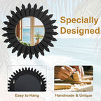 20 Inch Black Boho Wall Decor Sunburst Mirror - Round Wooden Wall Decor, Handmade Rustic Circular Mirror for Living Room, Bedroom, Entryway, Office