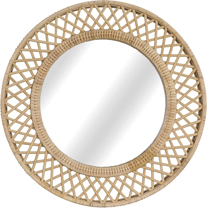 Round Rattan Wall Mirror – 24x24 Inch Boho Elegance with Woven Frame, Decorative Mirror for Bathroom Vanity Entryway Living Room