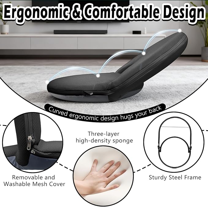 Floor Chair Floor Cushion Folding Padded Gaming Chair Adjustable 5-Position Floor Seat with Back Support for Kids Adult Great for Gaming Reading Meditating (Black)