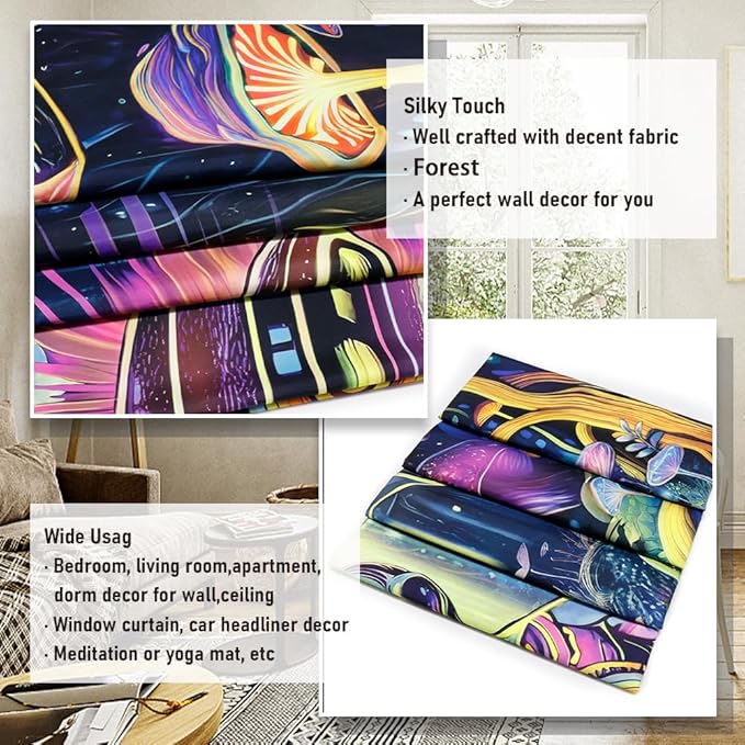 Amonercvita Blacklight Alien UFO Tapestry Neon Mushroom Floral Tapestries UV Reactive Yoga Meditation Tapestry Fantasy Forest Tapestries Wall Hanging Backdrop for Home Decor