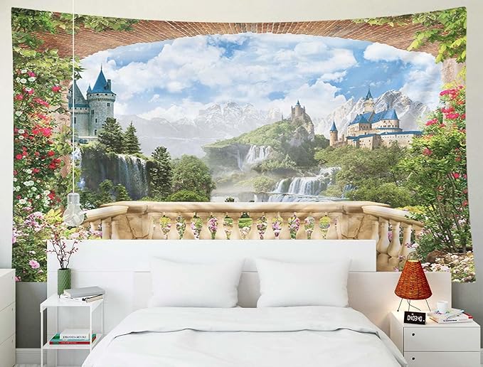 EMMTEEY Landscape Tapestry View from Balcony of Waterfalls with Castles for Women, Families 60X50 Inches