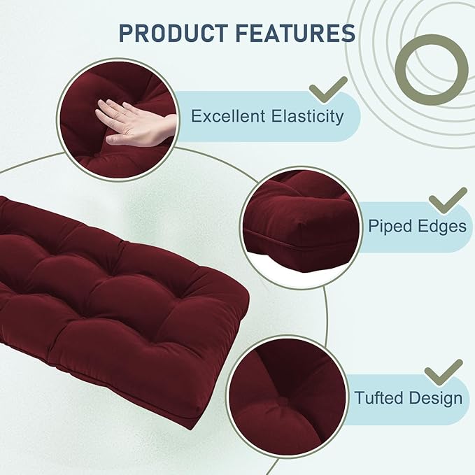 downluxe Outdoor Bench Cushion for Patio Furniture, Water Resistant Tufted Overstuffed Porch Swing Cushions, Thick Outdoor Loveseat Cushions, 48" X 18" X 5", Burgundy, Set of 1
