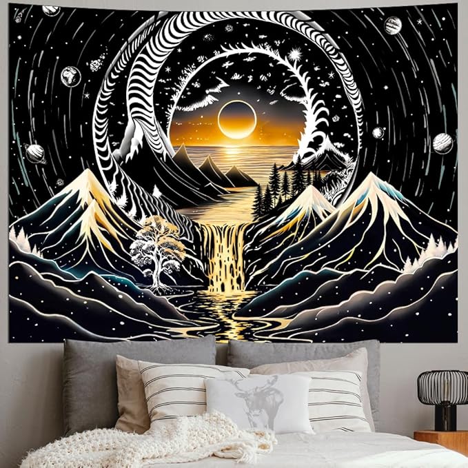 Amhokhui Black and White Tapestry Sun Mountain Tapestry Starry Night Aesthetic Tapestries Trippy River Landscape Tapestries Dark Wall Hanging Decor for Home