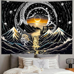 Amhokhui Black and White Tapestry Sun Mountain Tapestry Starry Night Aesthetic Tapestries Trippy River Landscape Tapestries Dark Wall Hanging Decor for Home
