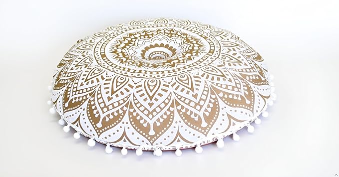 32" Gold Mandala Barmeri Large Floor Pillow Cover Cushion Meditation Seating Ottoman Throw Cover Hippie Decorative Zipped Bohemian Pouf Ottoman Poufs, Pom Pom Pillow Cases (White Gold, 32" Round)