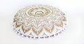 32" Gold Mandala Barmeri Large Floor Pillow Cover Cushion Meditation Seating Ottoman Throw Cover Hippie Decorative Zipped Bohemian Pouf Ottoman Poufs, Pom Pom Pillow Cases (White Gold, 32" Round)