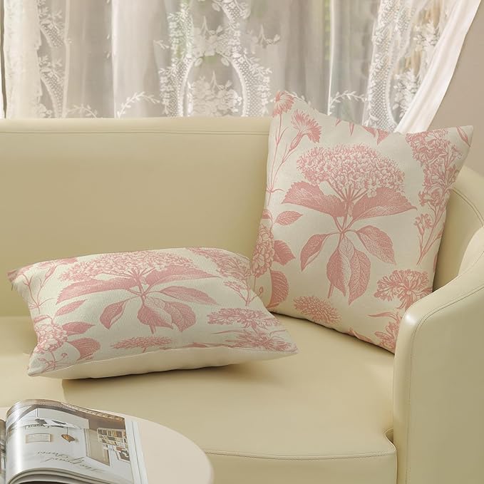Pink Pillow Covers 18x18 Set of 2 Boho Floral Throw Pillow Cover Hydrangea Herbs Botanical Decoration Pillowcase Farmhouse Vintage Flower Linen Cushion Case Outdoor Decorative for Couch Sofa