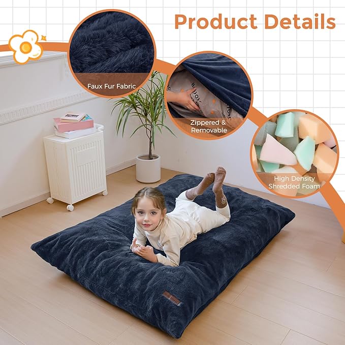 MAXYOYO 3 in 1 Kids Bean Bag Chair Bed, Child Floor Sofa for Gaming, Reading, Faux Fur Floor Mattress with High-Density Foam Filling for Living Room Bedroom