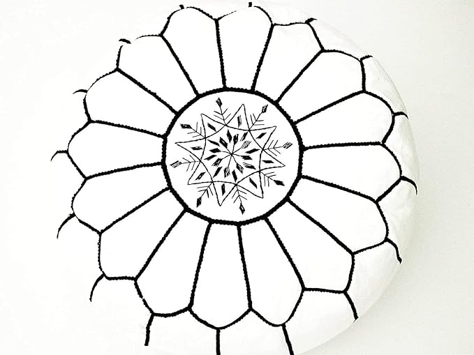 ARTOUARZAZATE Premium Moroccan Leather Pouf Cover - Round & Large Ottoman Footstool Cover with Embroidery - Cover ONLY - Perfect for The Living Room Bedroom, Kids Room, Gift & Wedding (White By Black)