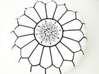 ARTOUARZAZATE Premium Moroccan Leather Pouf Cover - Round & Large Ottoman Footstool Cover with Embroidery - Cover ONLY - Perfect for The Living Room Bedroom, Kids Room, Gift & Wedding (White By Black)