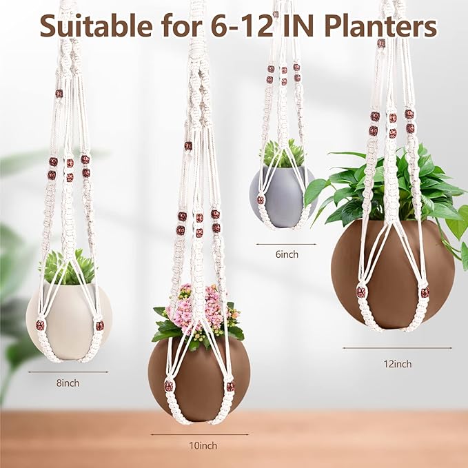 Handmade Macrame Plant Hanger with 2PCS Hooks, Elegant Hanging Plant Holder for Indoor Outdoor Plants, Sturdy Hanging Planters with No Tassel, 33 Inch, Ivory
