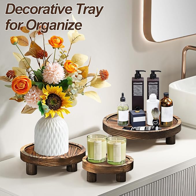 3 Pcs Wood Plant Stand Indoor Outdoor, Wooden Stool Display Stand 5/6/8" Round Riser Flower Pot Holder with Raised Edge Small Planter Tray Modern Potter Decorative for Garden Desktop Home Table Counter Room (Rustic Brown)