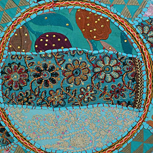 Indian Meditation Cushion Floor Pillow Vintage Bohemian Patchwork Round Cushion Cover Turquoise Blue Throw Pillow Cover 18 Small Decorative Pouf Cover Footstool Cotton Embroidered 1 Pc - color: Turquoise Blue