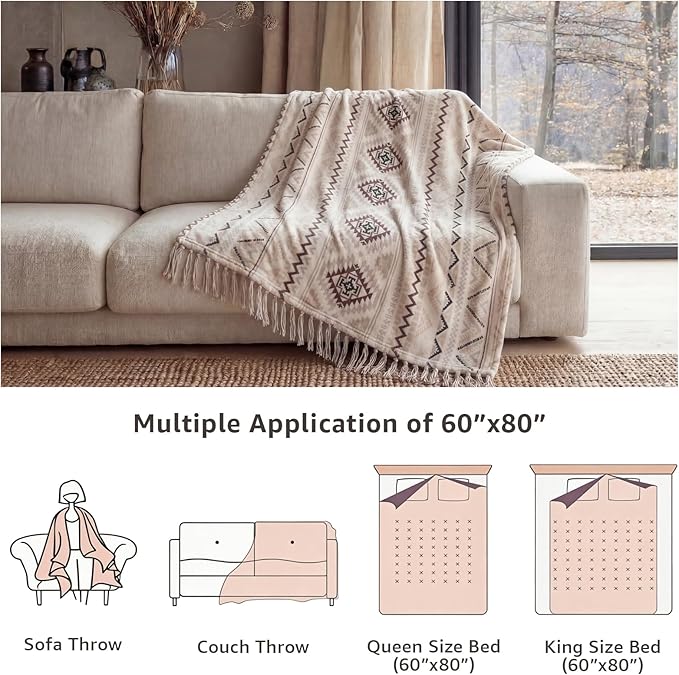 CASAAGUSTO Boho Throw Blanket - Beige and Gray Decorative Blankets with Tassel, Printed Flannel Bohemian Blanket for Chair, Bed, Sofa, Couch(50 * 60, Beige and Gray)