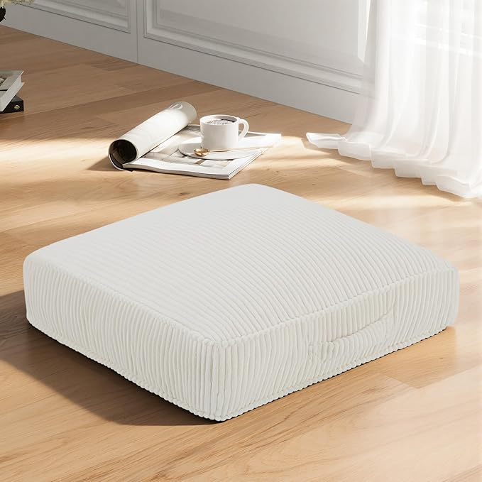 Floor Pillow for Adults, 4" Square Floor Cushions with Washable Cover, Large Corduroy Meditation Pillow, 22 inches Tatami Seat with Handle for Living Room or Yoga, Beige