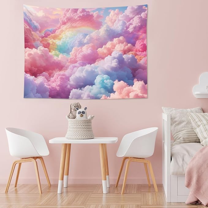 LB Aesthetic Cloud Tapestry Wall Hanging - Pastel Rainbow Sky Nature Wall Art 48"x36", Boho Pink Bedroom Decor for Dorm Living Room