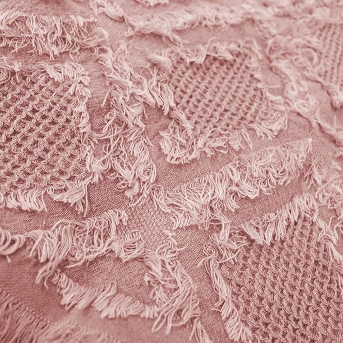 Simple&Opulence 100% Cotton Throw Blanket for Bed, Couch, Boho Textured Geometric Knit Woven Blanket with Tassels Soft, Lightweight Breathable Shabby Chic Farmhouse Decoration for All-Season(Pink)
