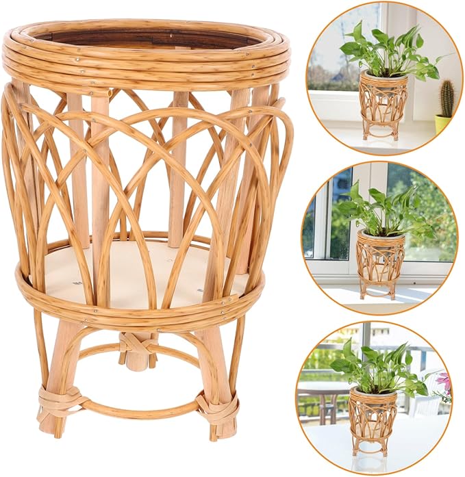 POPETPOP Hand Woven Rattan Plant Basket Boho Style Planter with Liner Functional Home Decor Versatile Storage for Flowers and Succulents