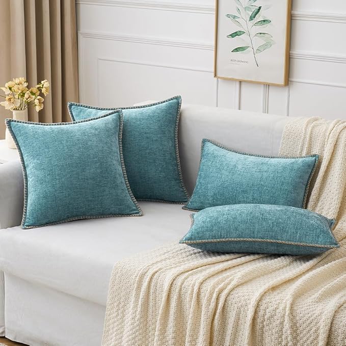 MIULEE Pack of 2 Couch Throw Pillow Covers 12x20 Inch Smoke Blue Farmhouse Decorative Pillow Covers with Stitched Edge Soft Chenille Solid Dyed Spring Pillow Covers for Sofa Bed Living Room