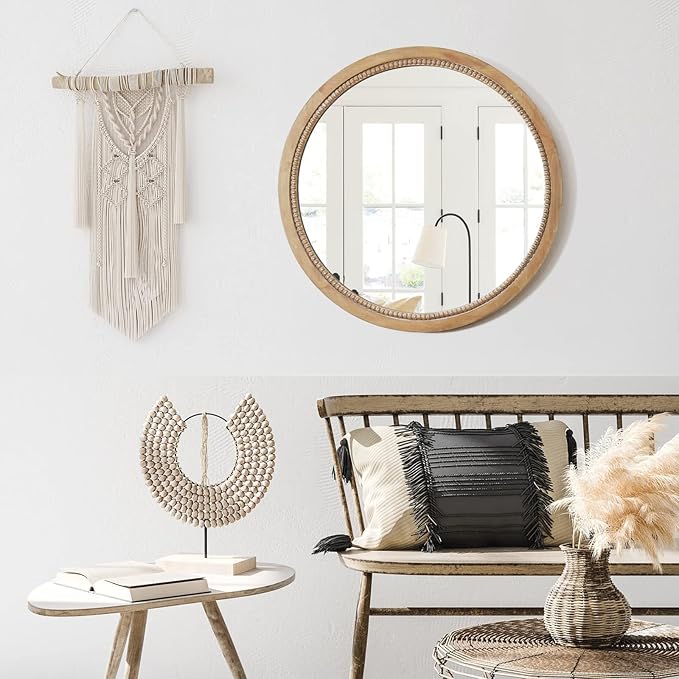 sawsile Round Wood Mirror,24 inch Circle Rustic Farmhouse Natural Wooden Frame Boho Beads Wall Mirror for Bathroom,Living Room,Bedroom or Entryway