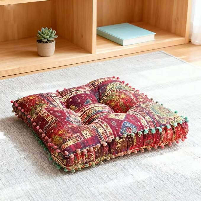 Bohemian Floor Pillow, Square Meditation Cushion & Yoga Mat – Ethnic Mandala Pattern Floor Seating for Living Room, Bedroom, Relaxation, Floor Decor (RED)