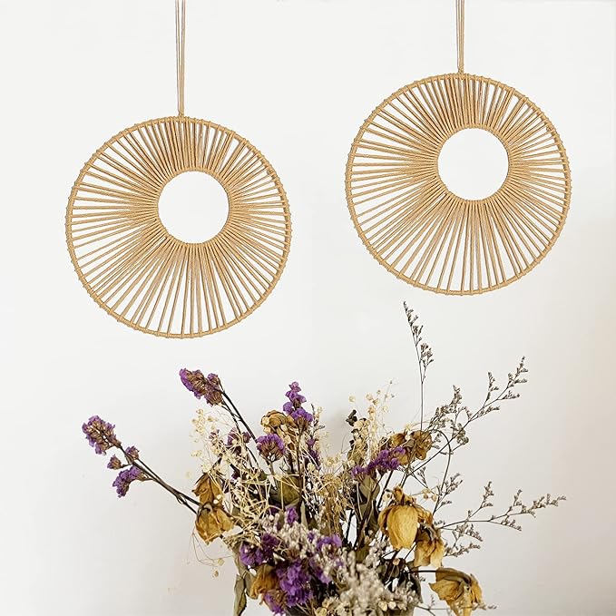 ANIUHL Round Macrame Wall Hanging Double-ring Woven Basket Geometric Circle Hoop Boho Modern Wall Art Home Decor for Bedroom Living Room(12 Inches)