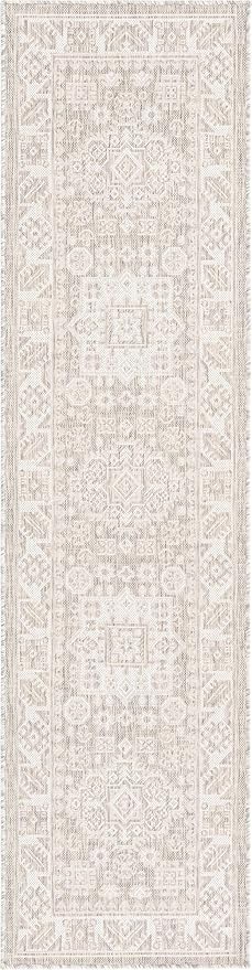 Rugs.com Outdoor Aztec Collection Rug – 8 Ft Runner Light Gray Flatweave Rug Perfect for Hallways, Entryways