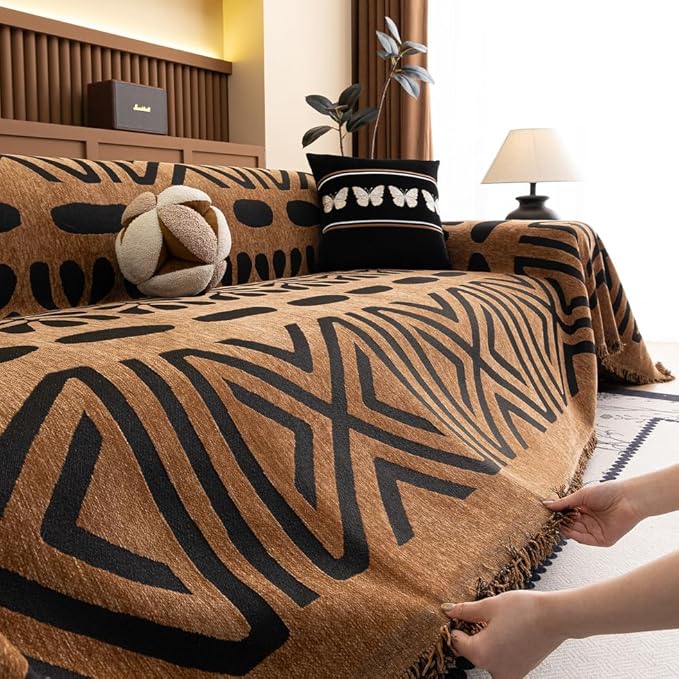 ROOMLIFE Brown Couch Cover 3 Cushion Sofa, Washable Non Slip Furniture Sofa Protector Cover, Soft Chenille Sofa Slipcovers Sectional L Shape Dogs Couch Cover Throw Blanket with Tassels 71''X134''