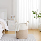 VIPOSCO Large Laundry Hamper, Tall Woven Rope Storage Basket for Blanket, Toys, Dirty Clothes in Living Room, Bathroom, Bedroom - 53L White & Brown