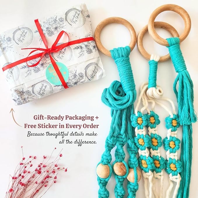 Set of 3 Macrame plant hangers with Daisies & Beads Hanging plant holder Macrame Plant hangers outdoor and indoor hanging planters Plant stand indoor Boho Decor hanging planter stand (Ocean Teal)